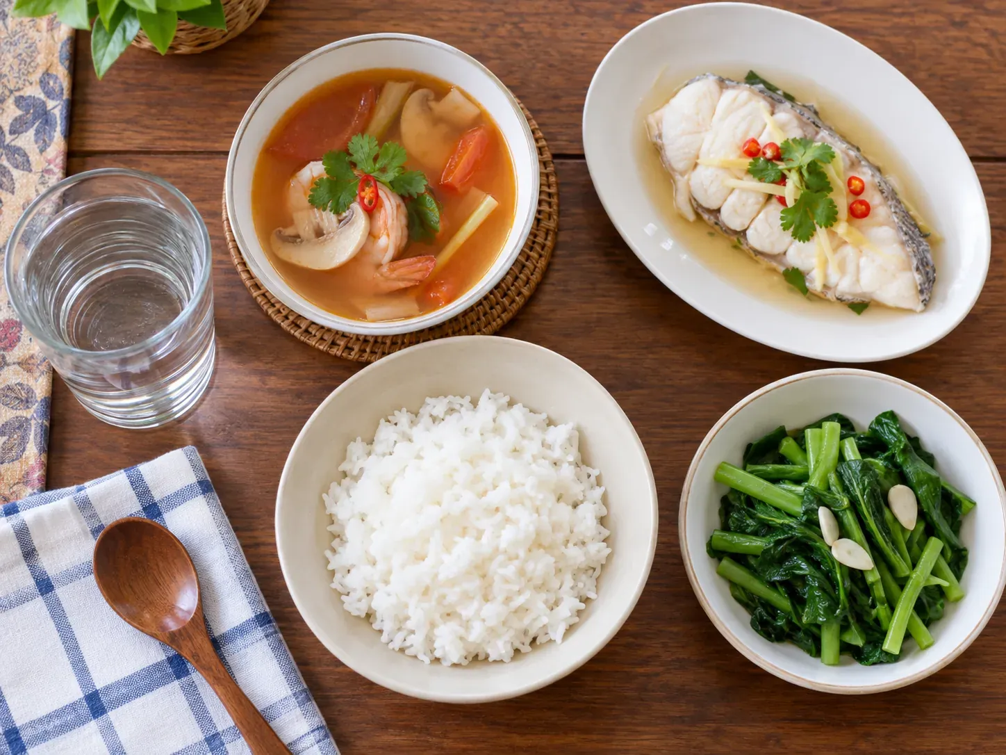 Susunan nasi putih ikan kukus sayur rebus kuah tomyam berasingan dan air kosong dalam hidangan sederhana