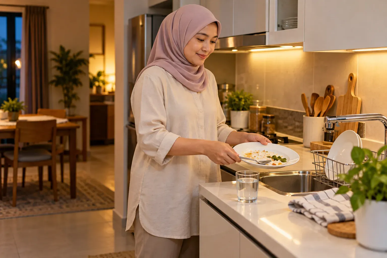 Wanita kekal berdiri sambil mengemas pinggan selepas makan malam