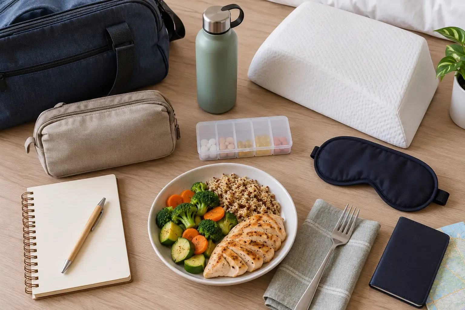 Susunan kit perjalanan, ubat, air, bantal cerun dan hidangan ringkas untuk pengurusan GERD