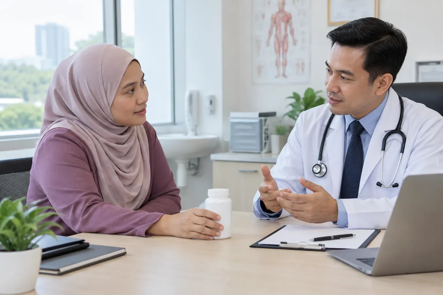 Pesakit berbincang dengan doktor tentang keselamatan suplemen penurun berat badan