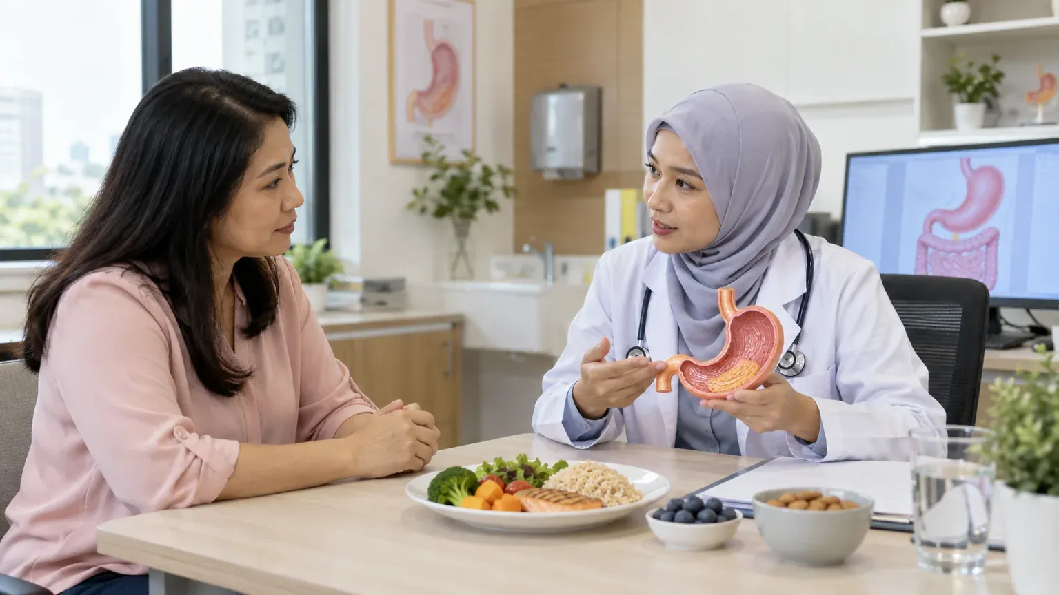 Wanita berbincang dengan doktor tentang gastritis atropik autoimun dan pemakanan