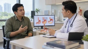 Lelaki berbincang dengan doktor tentang perbezaan punca simptom refluks
