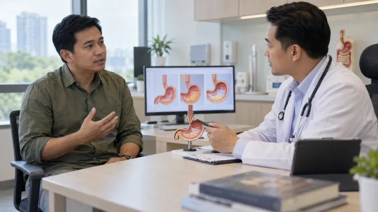 Lelaki berbincang dengan doktor tentang perbezaan punca simptom refluks