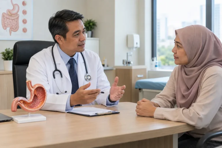 Doktor menerangkan kesihatan perut dan rawatan H. pylori kepada seorang pesakit