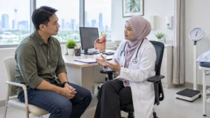 Pesakit berbincang dengan doktor tentang penurunan berat badan yang tidak disengajakan