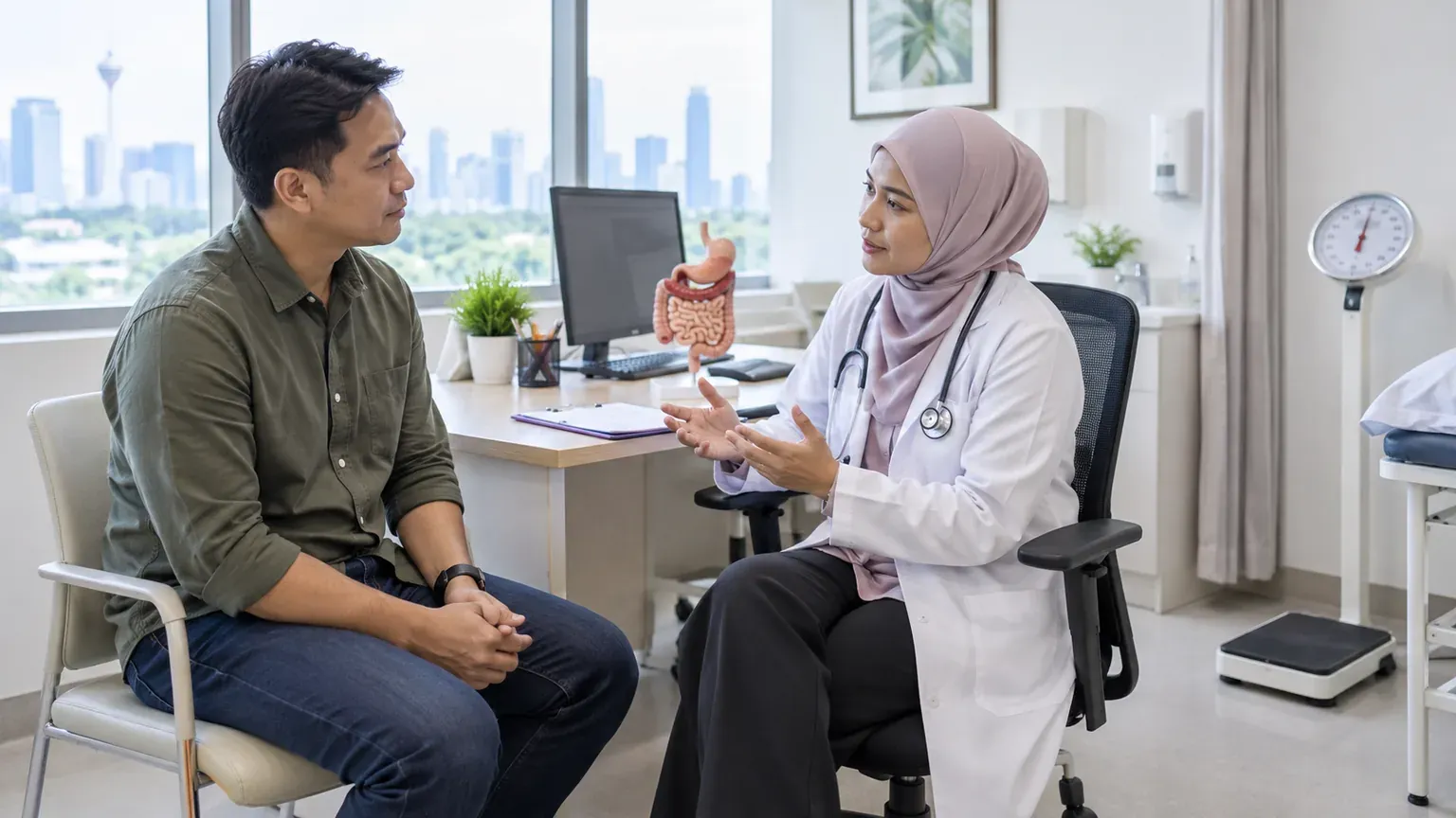 Pesakit berbincang dengan doktor tentang penurunan berat badan yang tidak disengajakan