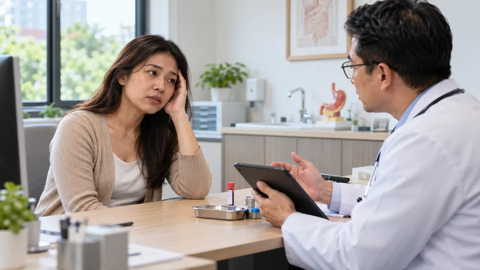 Pesakit berbincang dengan doktor tentang keletihan dan gejala anemia pernisious