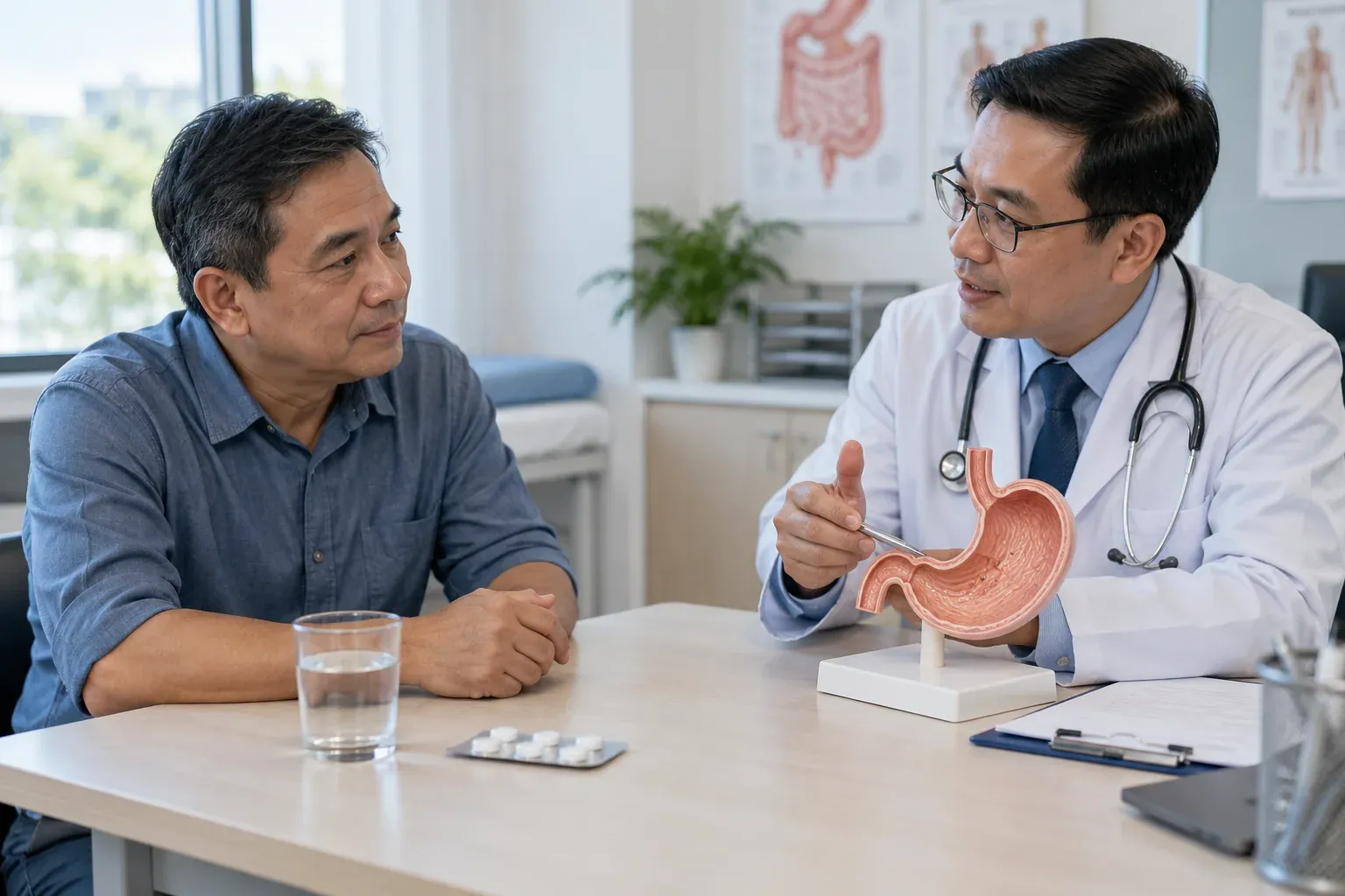 Pesakit berbincang dengan doktor tentang keselamatan aspirin dan kesihatan perut