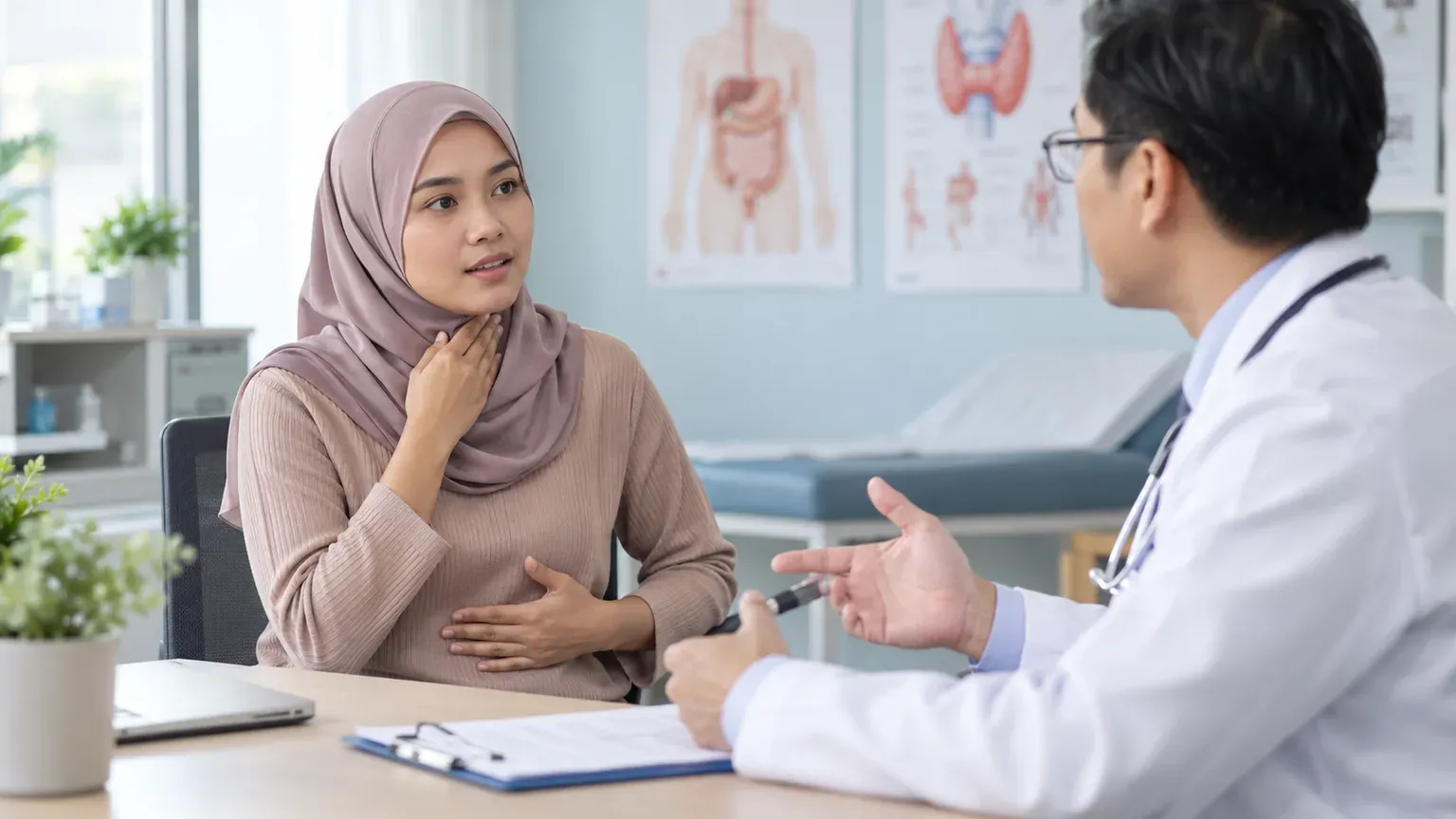 Pesakit berbincang dengan doktor tentang kesihatan tiroid dan perut