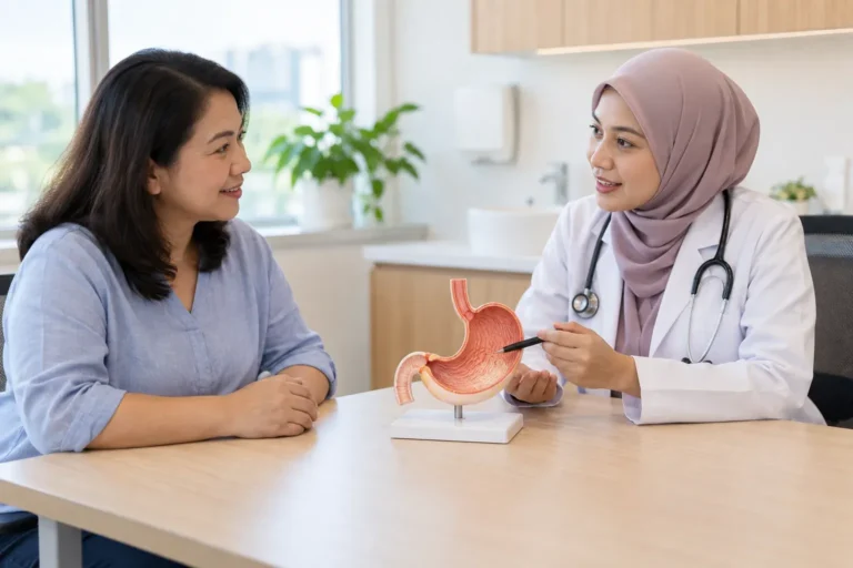 Doktor menerangkan kesihatan perut kepada pesakit dalam konsultasi klinik