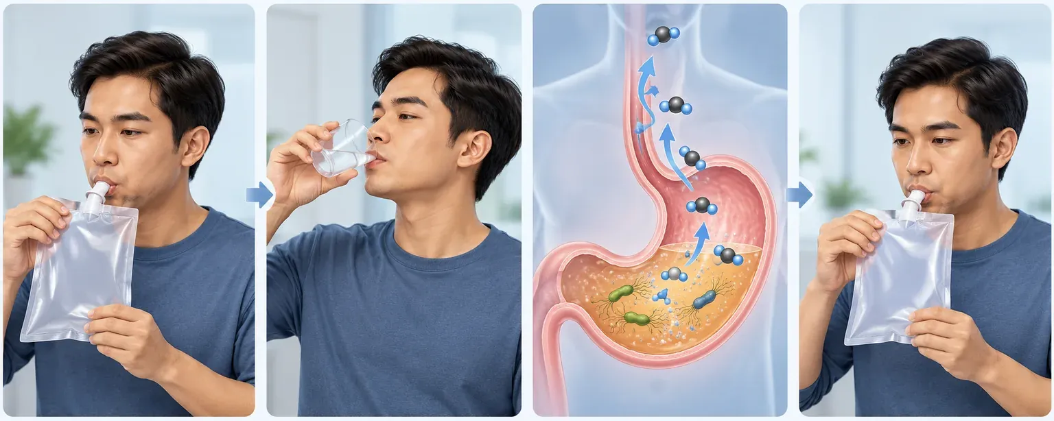 Ilustrasi langkah Ujian Pernafasan Urea daripada sampel nafas awal hingga sampel kedua