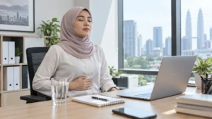 Wanita Malaysia duduk tegak dan bernafas perlahan ketika rasa tidak selesa pada perut
