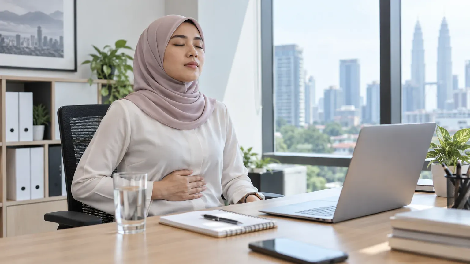 Wanita Malaysia duduk tegak dan bernafas perlahan ketika rasa tidak selesa pada perut
