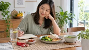 Wanita Malaysia mencatat reaksi makanan sambil menikmati hidangan seimbang dengan sambal