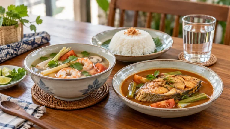 Hidangan tom yam jernih dan asam pedas ikan dalam saiz sederhana bersama nasi dan air kosong