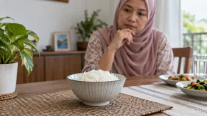 Semangkuk nasi putih kosong yang dipertimbangkan sebagai petua gastrik