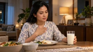 Wanita mengalami ketidakselesaan ringan selepas makan sambil memegang segelas susu