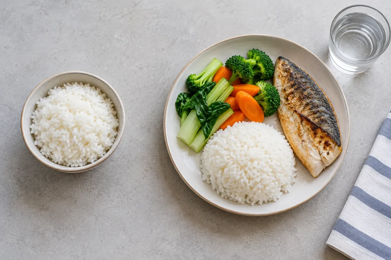 Perbandingan nasi putih kosong dengan nasi ikan dan sayur sebagai hidangan seimbang