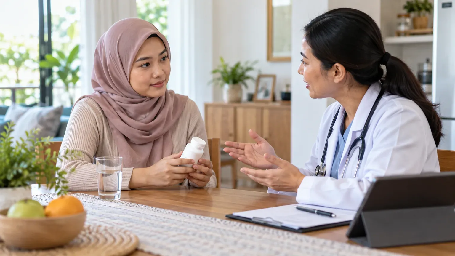 Pesakit berbincang dengan doktor tentang pengambilan suplemen zat besi yang selamat