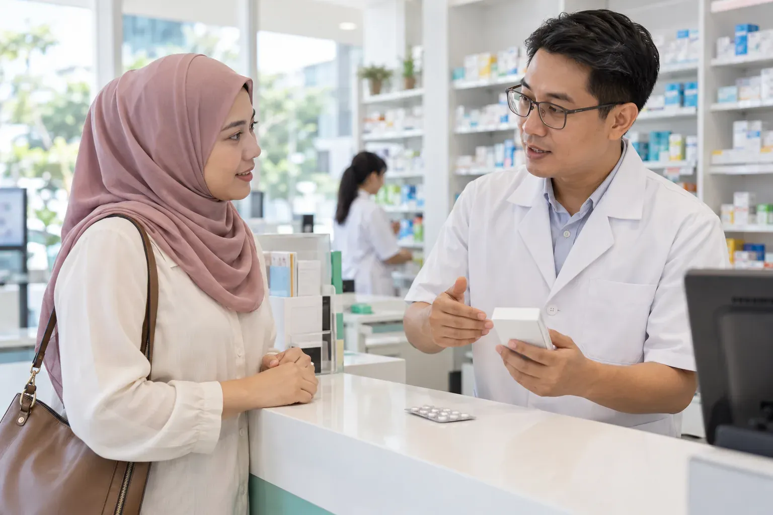 Pesakit berbincang dengan ahli farmasi tentang penggunaan ubat tahan sakit NSAID secara selamat