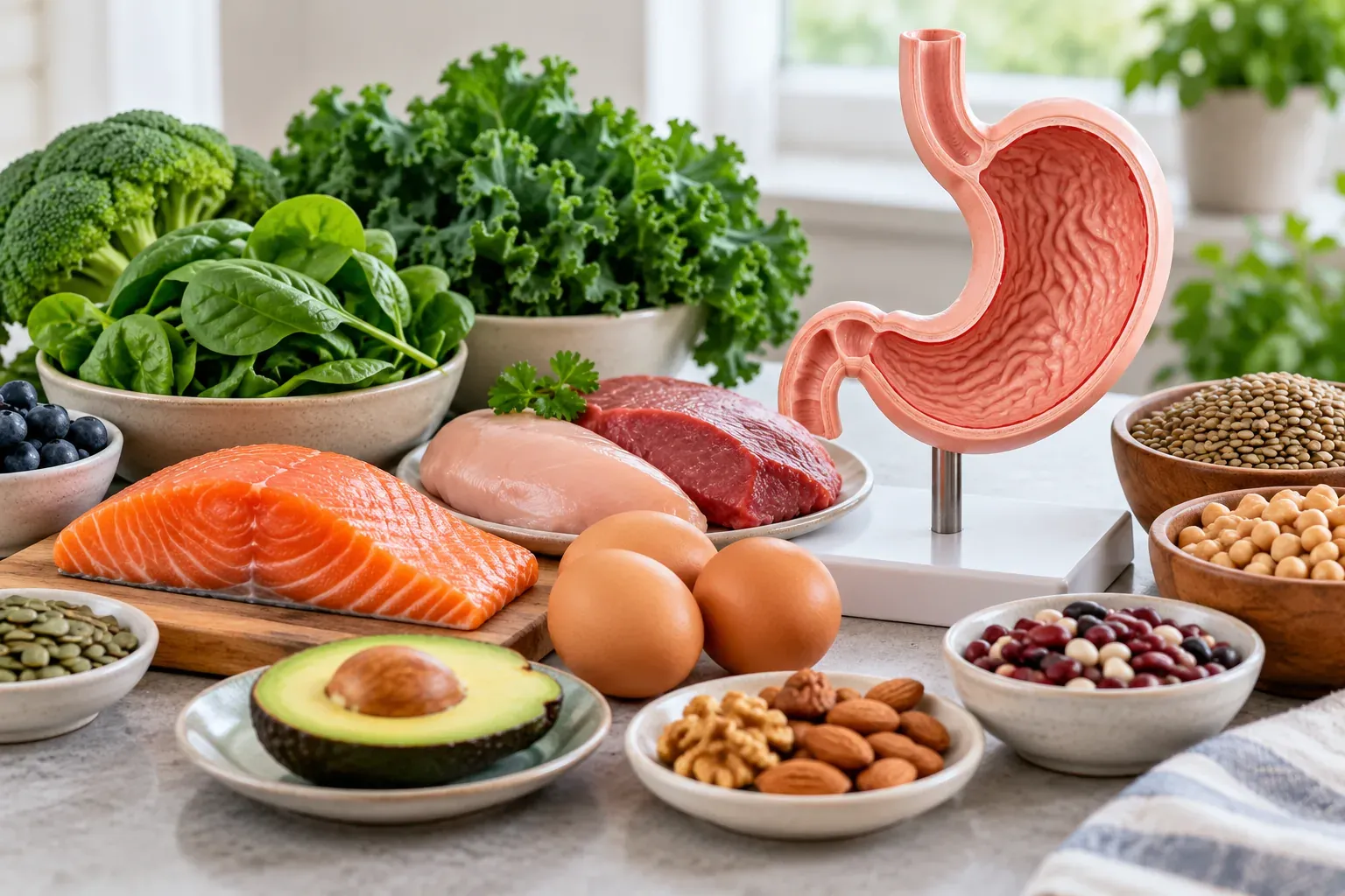 Pilihan makanan kaya vitamin B12 dan zat besi bersama model perut untuk menerangkan sokongan nutrien