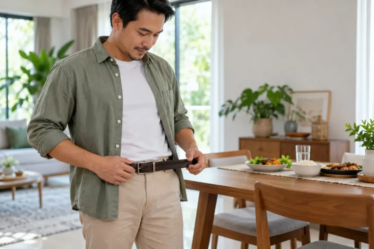 Lelaki memakai pakaian longgar dan melonggarkan tali pinggang selepas makan