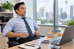 Pekerja pejabat melonggarkan tali pinggang selepas makan untuk mengurangkan tekanan pada perut