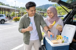 Pasangan memilih snek ringan dan air ketika berhenti rehat dalam perjalanan jauh