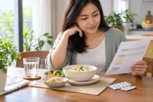 Wanita merancang hidangan lembut sambil merujuk jadual pengambilan ubat