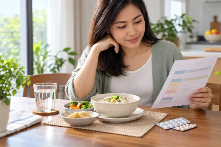 Wanita merancang hidangan lembut sambil merujuk jadual pengambilan ubat
