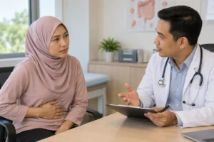 Pesakit berbincang dengan doktor tentang pemantauan simptom perut berkaitan penyakit Addison