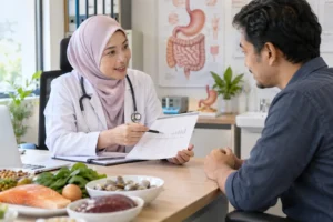 Pesakit berbincang dengan doktor mengenai pemantauan gastritis atropik dan status nutrisi