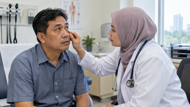 Doktor memeriksa tanda pucat pada pesakit yang mungkin mengalami anemia