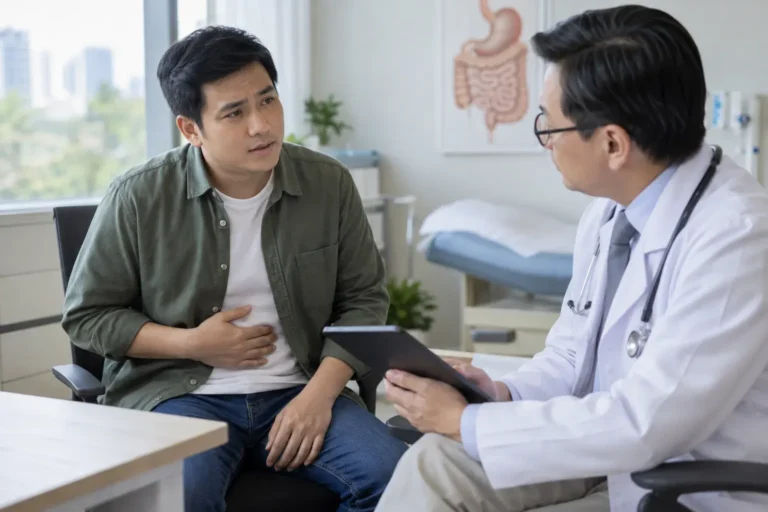 Pesakit berbincang dengan doktor mengenai simptom sakit di bahagian atas perut