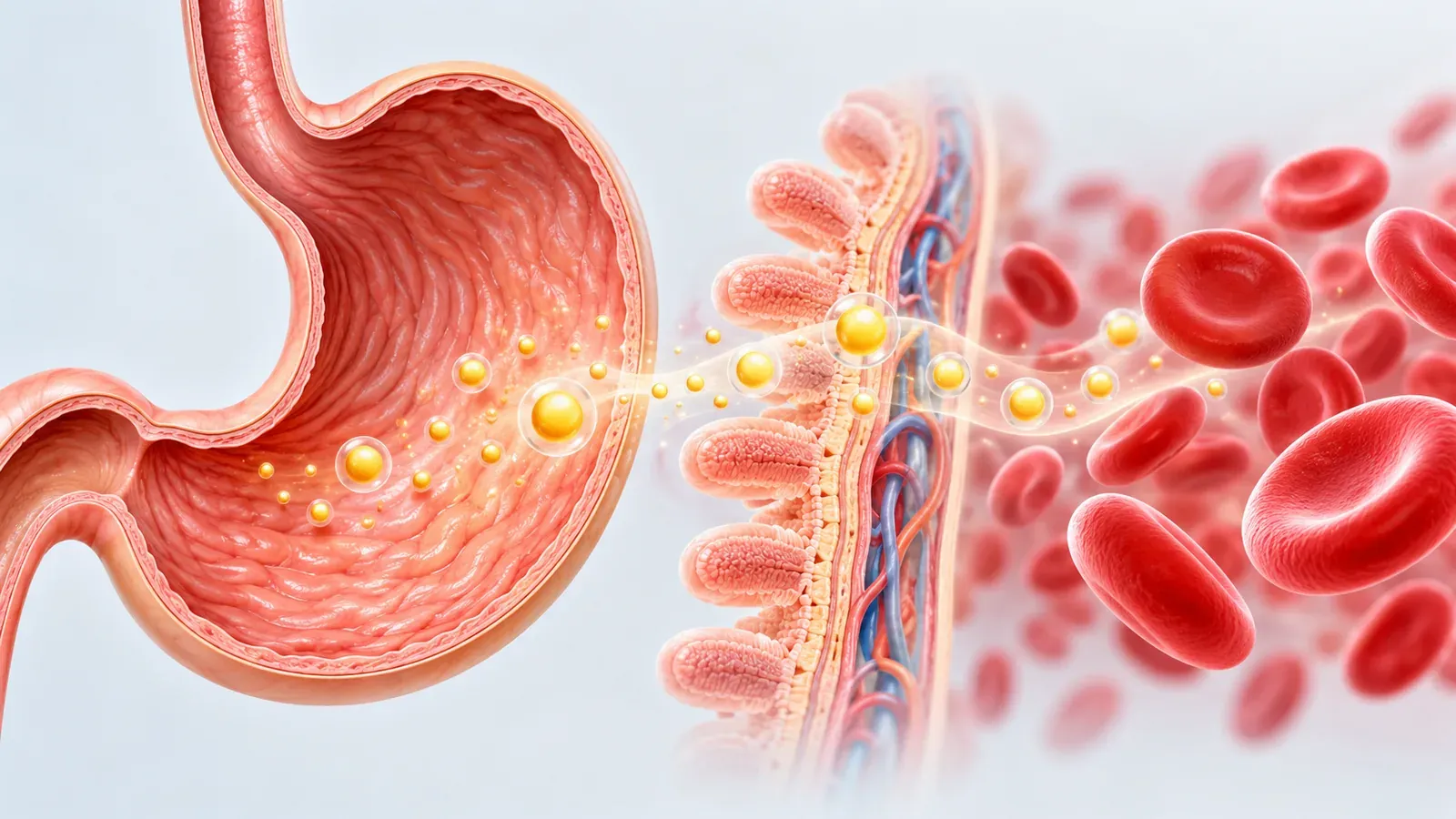 Ilustrasi hubungan perut, penyerapan vitamin B12 dan penghasilan sel darah merah
