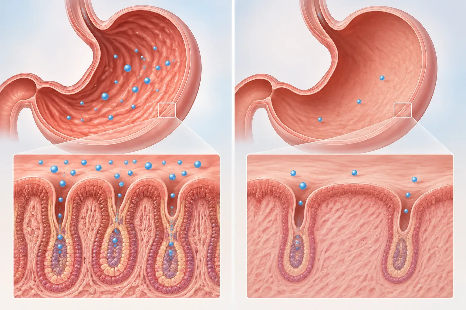 Ilustrasi perbandingan lapisan perut sihat dan gastritis atropik