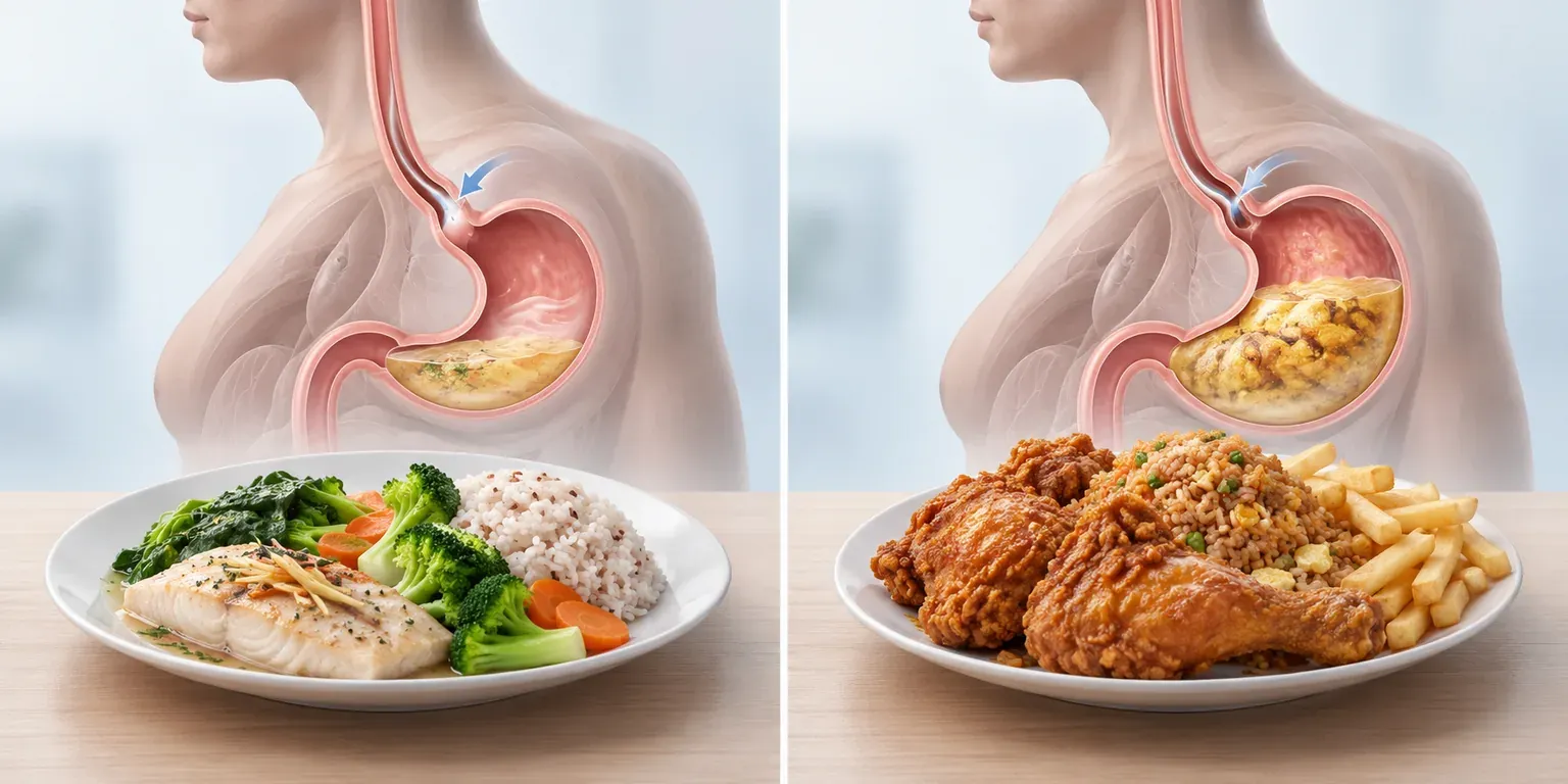 Ilustrasi perbandingan hidangan rendah lemak dengan makanan bergoreng tinggi lemak