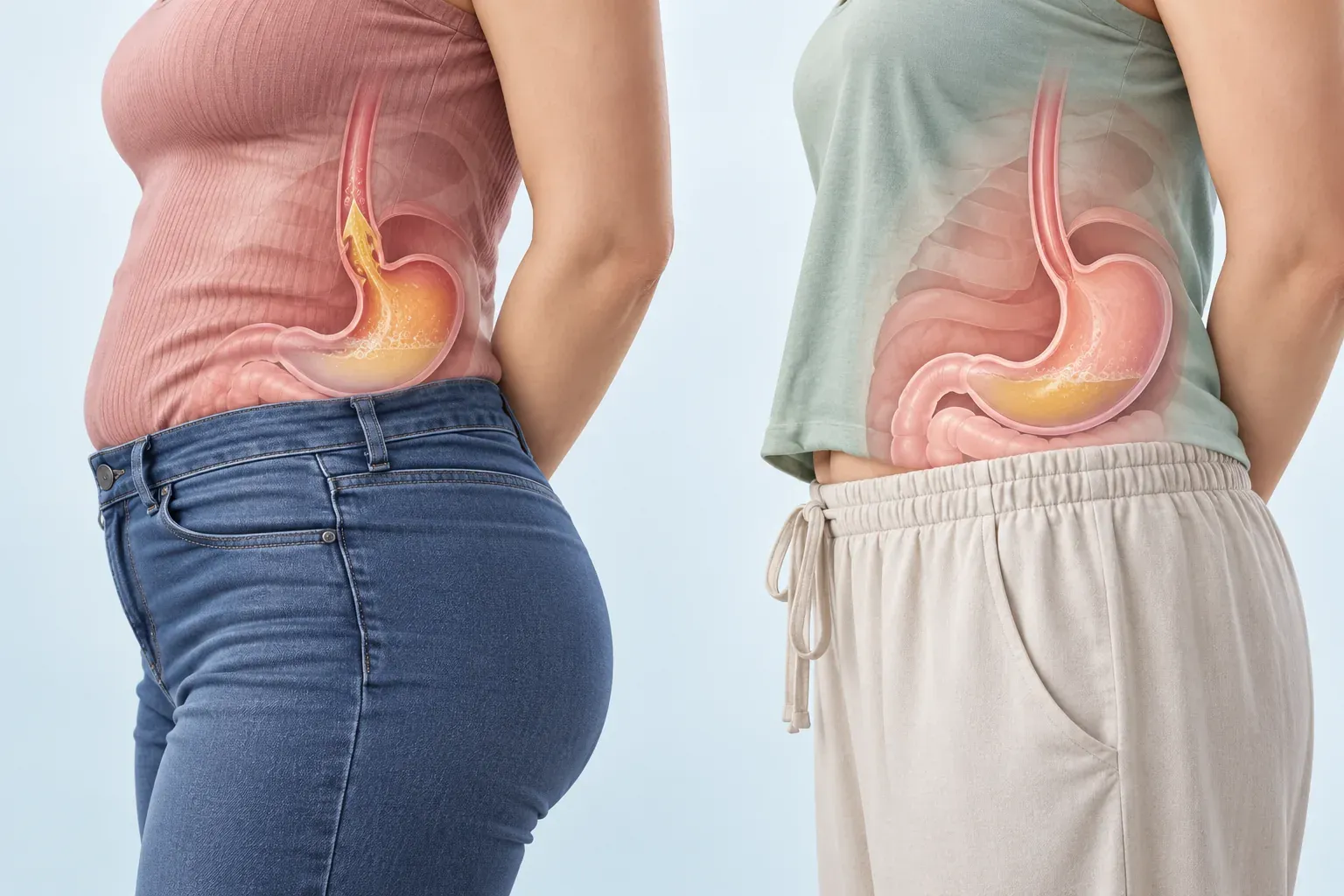 Ilustrasi perbandingan pakaian ketat dan longgar terhadap tekanan abdomen dan refluks asid