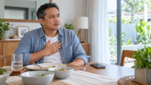 Lelaki Malaysia duduk tegak selepas makan sambil memegang dada dengan telefon berhampiran untuk mendapatkan bantuan perubatan