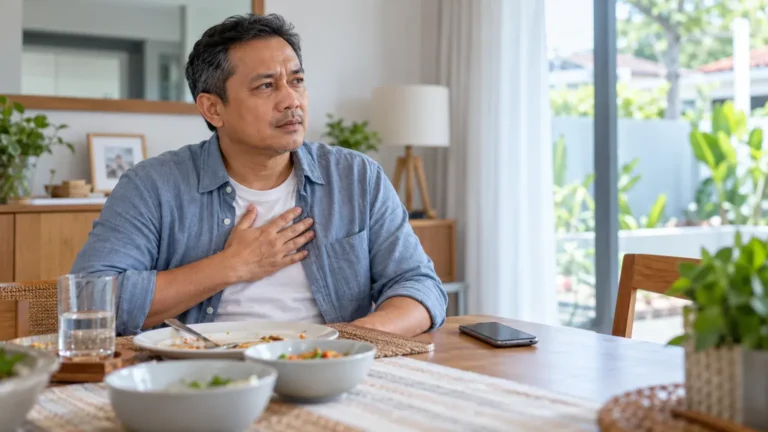 Lelaki Malaysia duduk tegak selepas makan sambil memegang dada dengan telefon berhampiran untuk mendapatkan bantuan perubatan