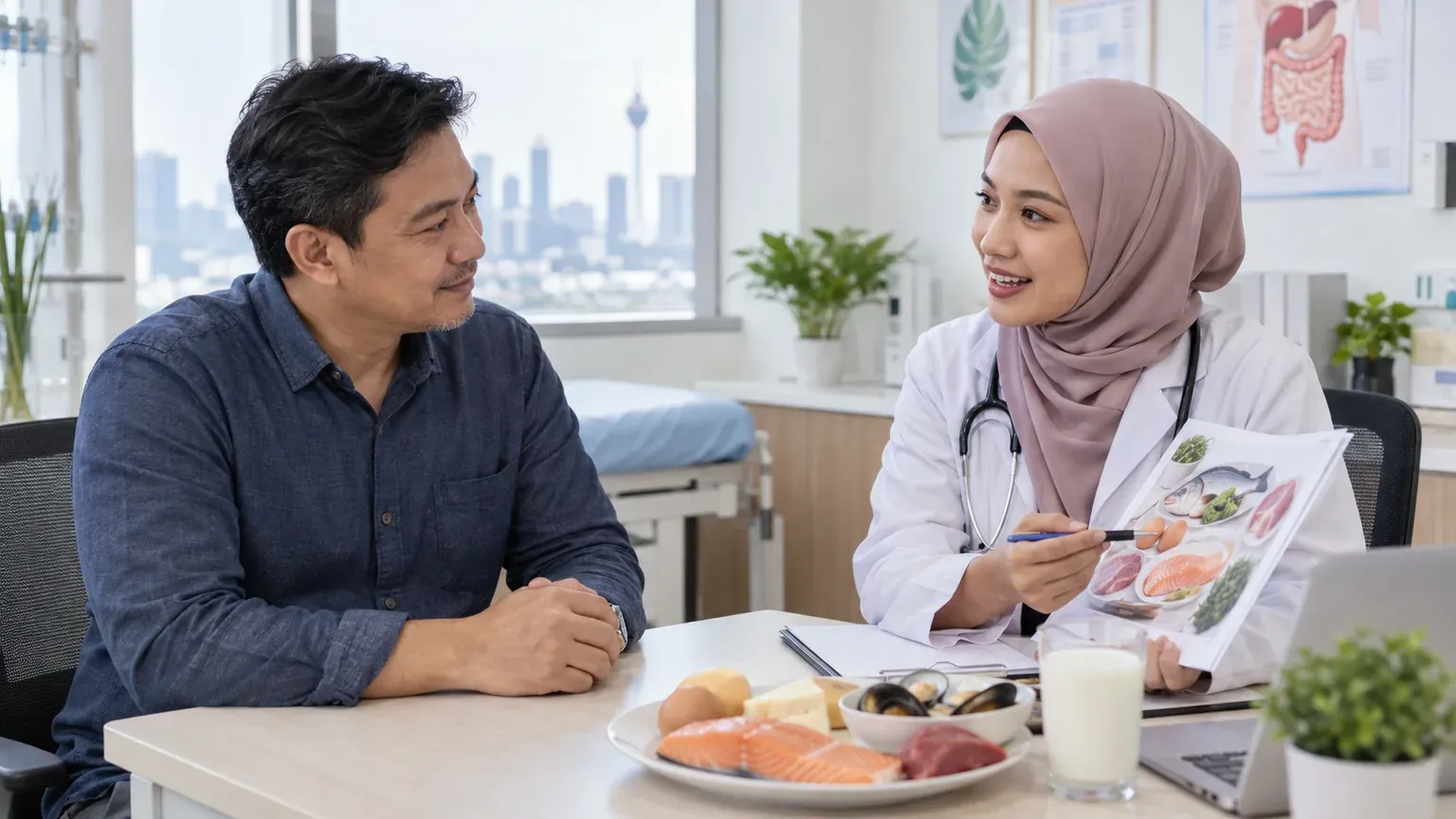 Pesakit berbincang tentang pemakanan vitamin B12 dengan doktor