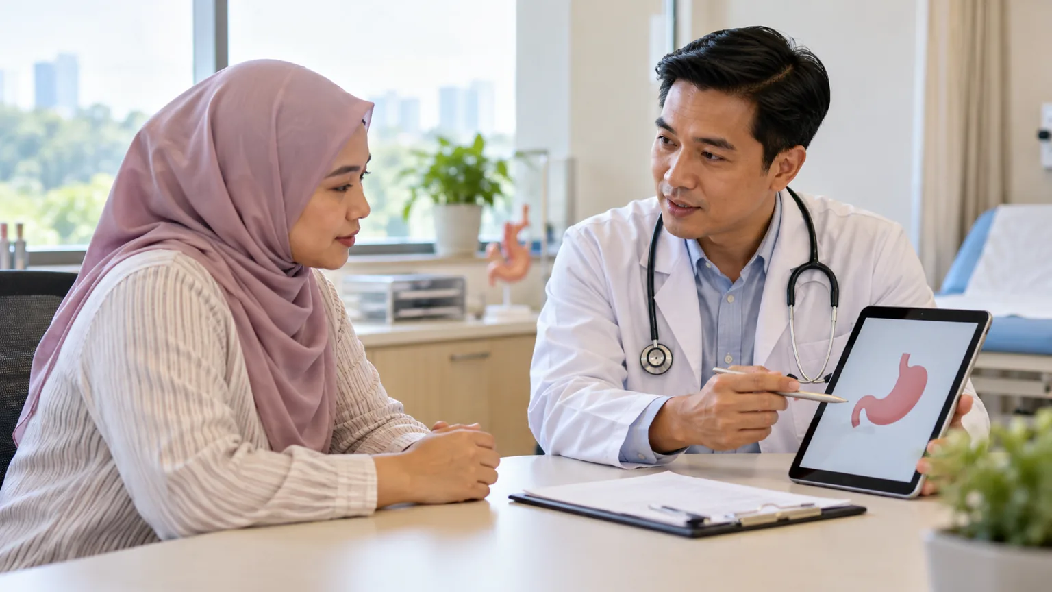 Pesakit berbincang dengan doktor mengenai pemeriksaan dan diagnosis masalah perut