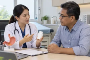 Pesakit berbincang dengan doktor tentang penggunaan ubat steroid dan kesihatan perut
