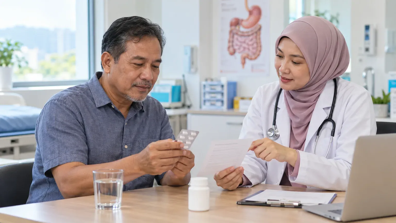 Pesakit berbincang dengan doktor tentang penggunaan ubat steroid jangka panjang dan kesihatan perut