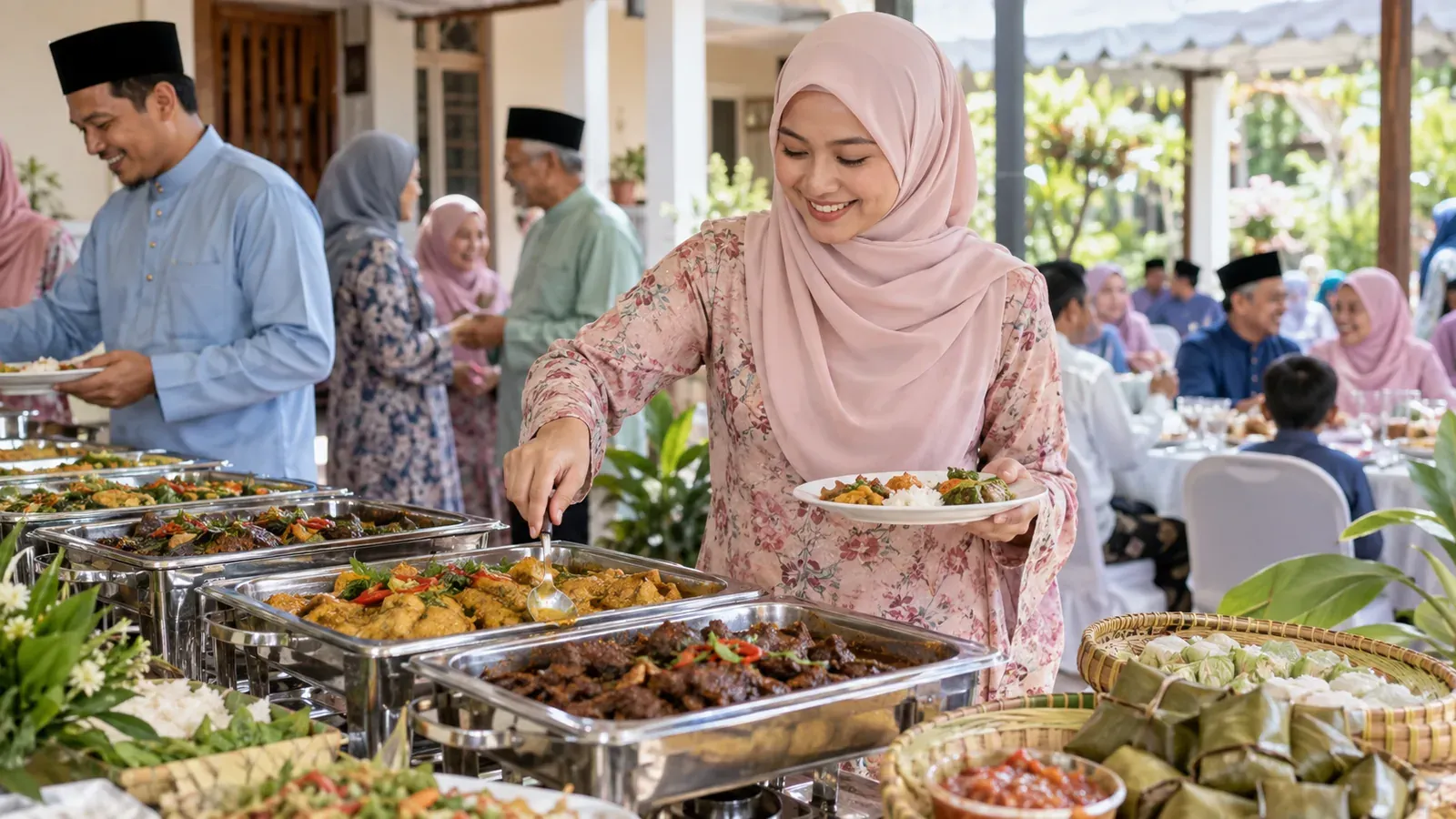 Wanita memilih hidangan dalam kuantiti sederhana di jamuan kenduri keluarga