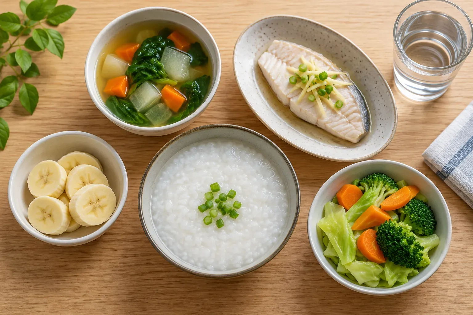 Hidangan kecil bubur, sup, ikan kukus, sayur lembut, pisang dan air