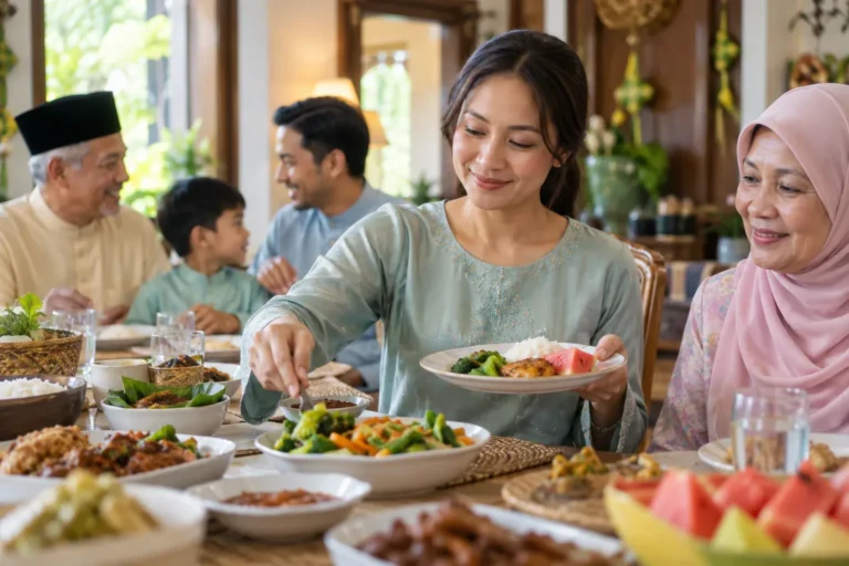 Keluarga Malaysia menikmati hidangan perayaan dengan pilihan makanan seimbang dan saiz sederhana