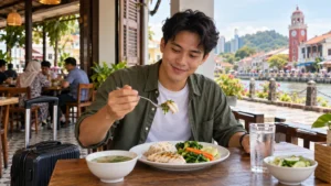Pengembara memilih hidangan rendah lemak dan tidak pedas di restoran