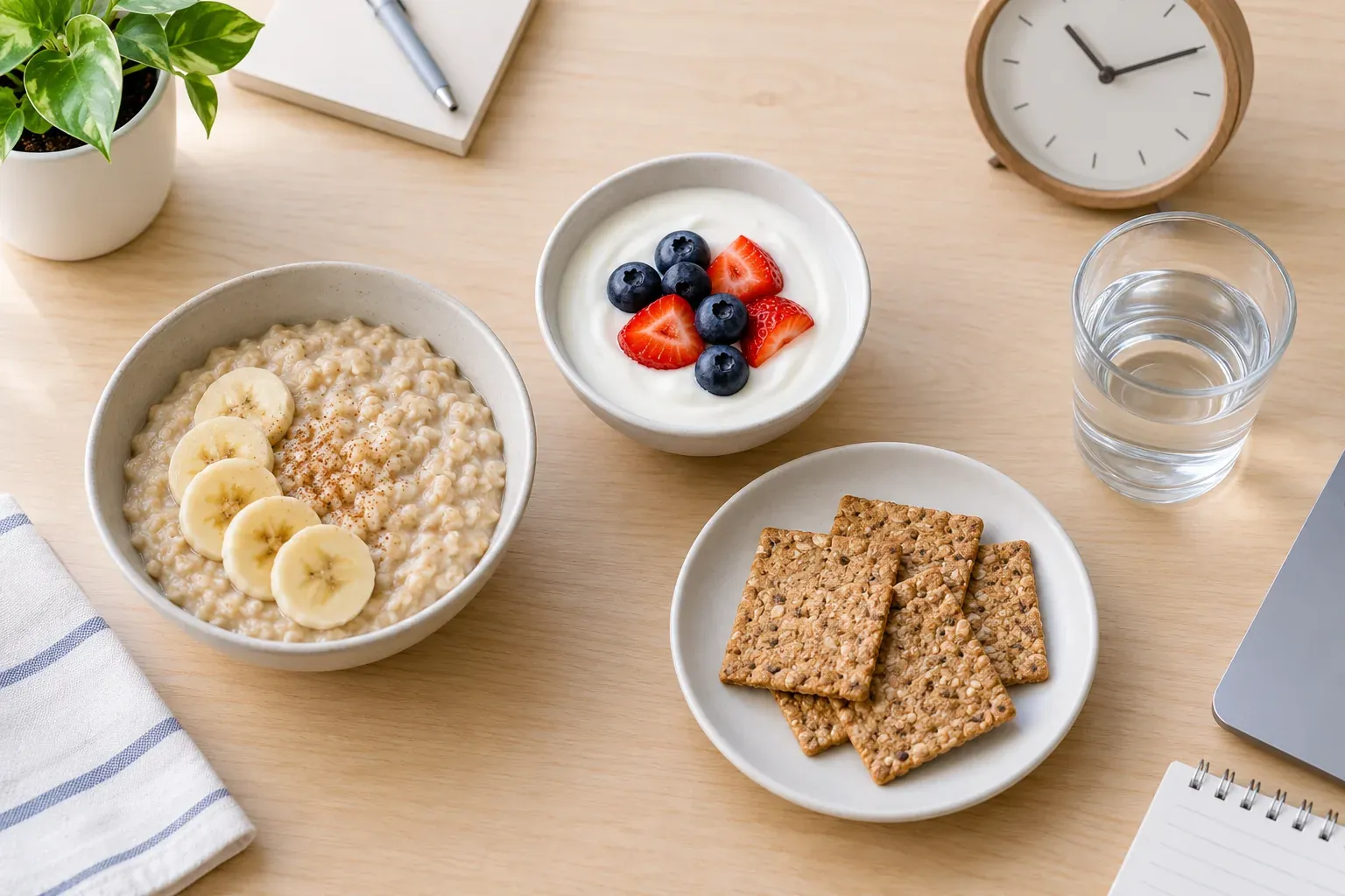 Pilihan hidangan kecil oatmeal yogurt biskut gandum dan air di tempat kerja