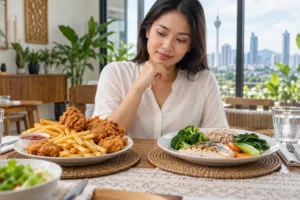 Wanita memilih antara makanan bergoreng tinggi lemak dan hidangan lebih ringan
